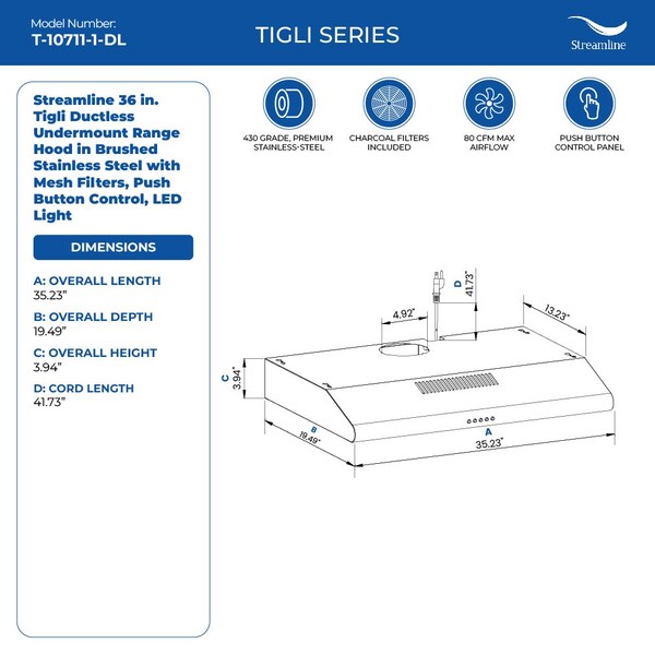Streamline 36 in. Tigli Ductless Undermount 80 CFM Range Hood in Brushed Stainless Steel - T-10711-1-DL