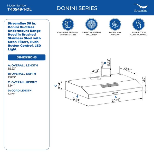 Streamline 36 in. Donini Ductless Undermount 80 CFM Range Hood in Brushed Stainless Steel - T-10549-1-DL