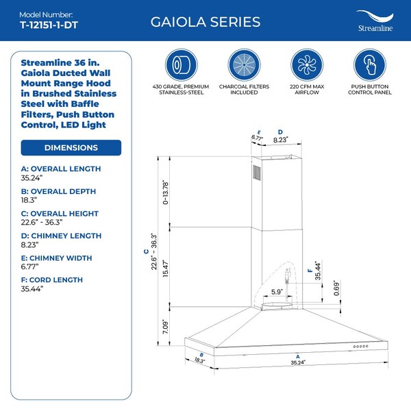 Streamline 36 in. Gaiola Ducted Wall Mount 220 CFM Range Hood in Brushed Stainless Steel - T-12151-1-DT