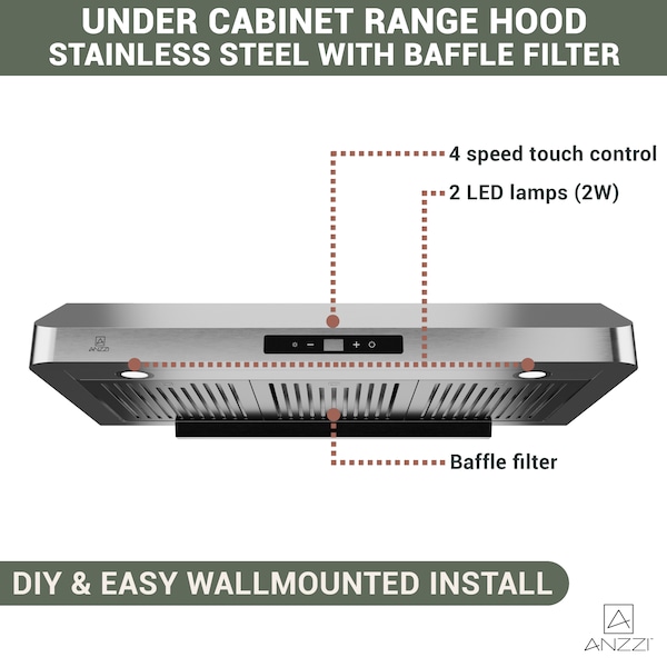 Anzzi 36-Inch Under Cabinet Range Hood with Stainless Steel Finish, Ducted Kitchen Vent above Stove - RH-AZ0391TSS