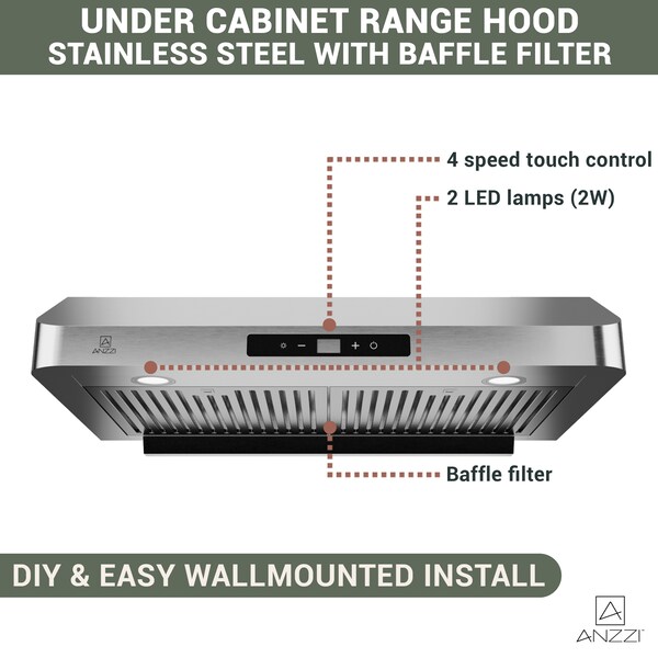 Anzzi 30-Inch Under Cabinet Range Hood with Stainless Steel Finish, Ducted Kitchen Vent above Stove - RH-AZ0376TSS
