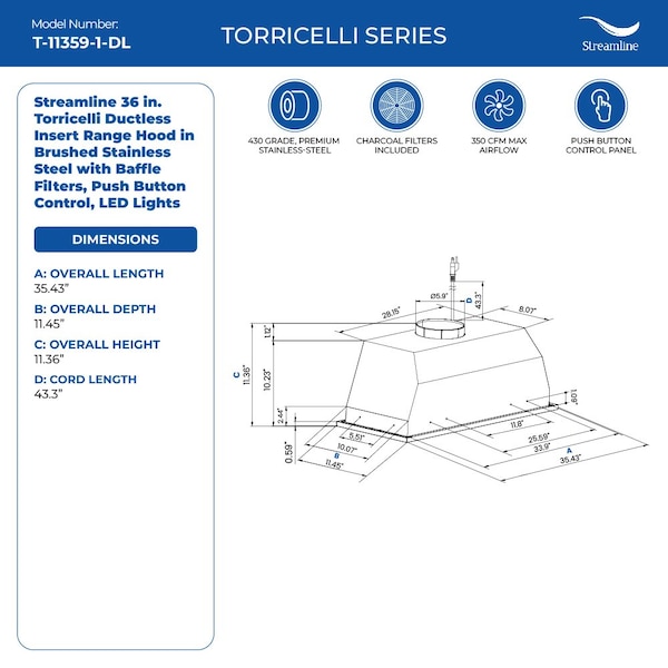 Streamline 36 in. Torricelli Ductless Insert 350 CFM Range Hood in Brushed Stainless Steel - T-11359-1-DL