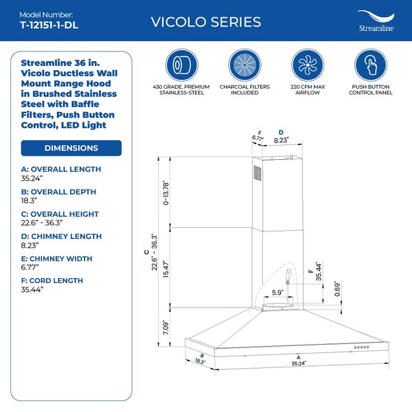 Streamline 36 in. Vicolo Ductless Wall Mount 220 CFM Range Hood in Brushed Stainless Steel - T-12151-1-DL
