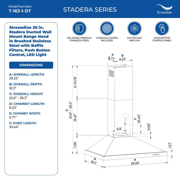 Streamline 30 in. Stadera Ducted Wall Mount 220 CFM Range Hood in Brushed Stainless Steel - T-163-1-DT
