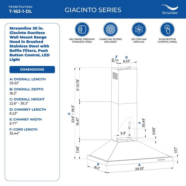 Streamline 30 in. Giacinto Ductless Wall Mount 220 CFM Range Hood in Brushed Stainless Steel - T-163-1-DL