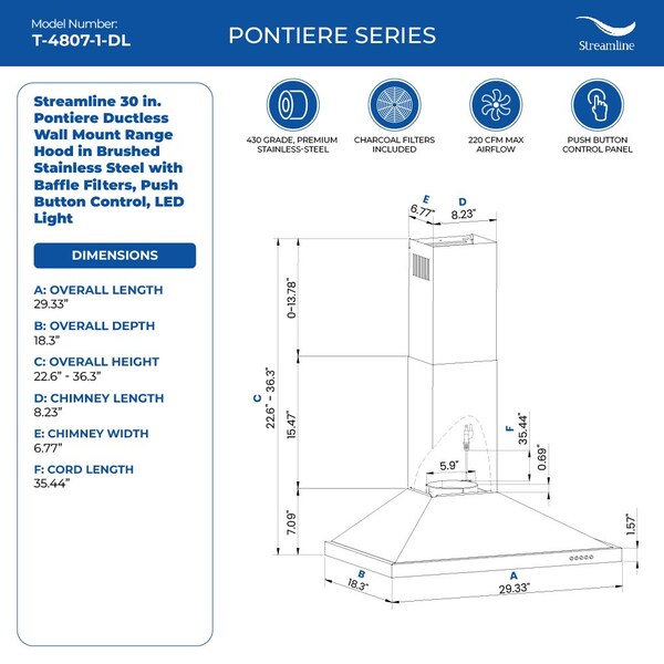 Streamline 30 in. Pontiere Ductless Wall Mount 220 CFM Range Hood in Brushed Stainless Steel - T-4807-1-DL