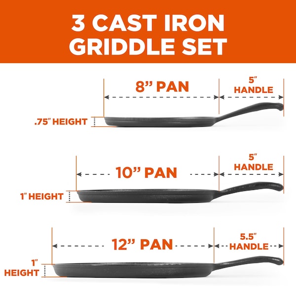 Commercial Chef 3-Piece Cast Iron Griddle Set - 8/10/12 - CHCI81012