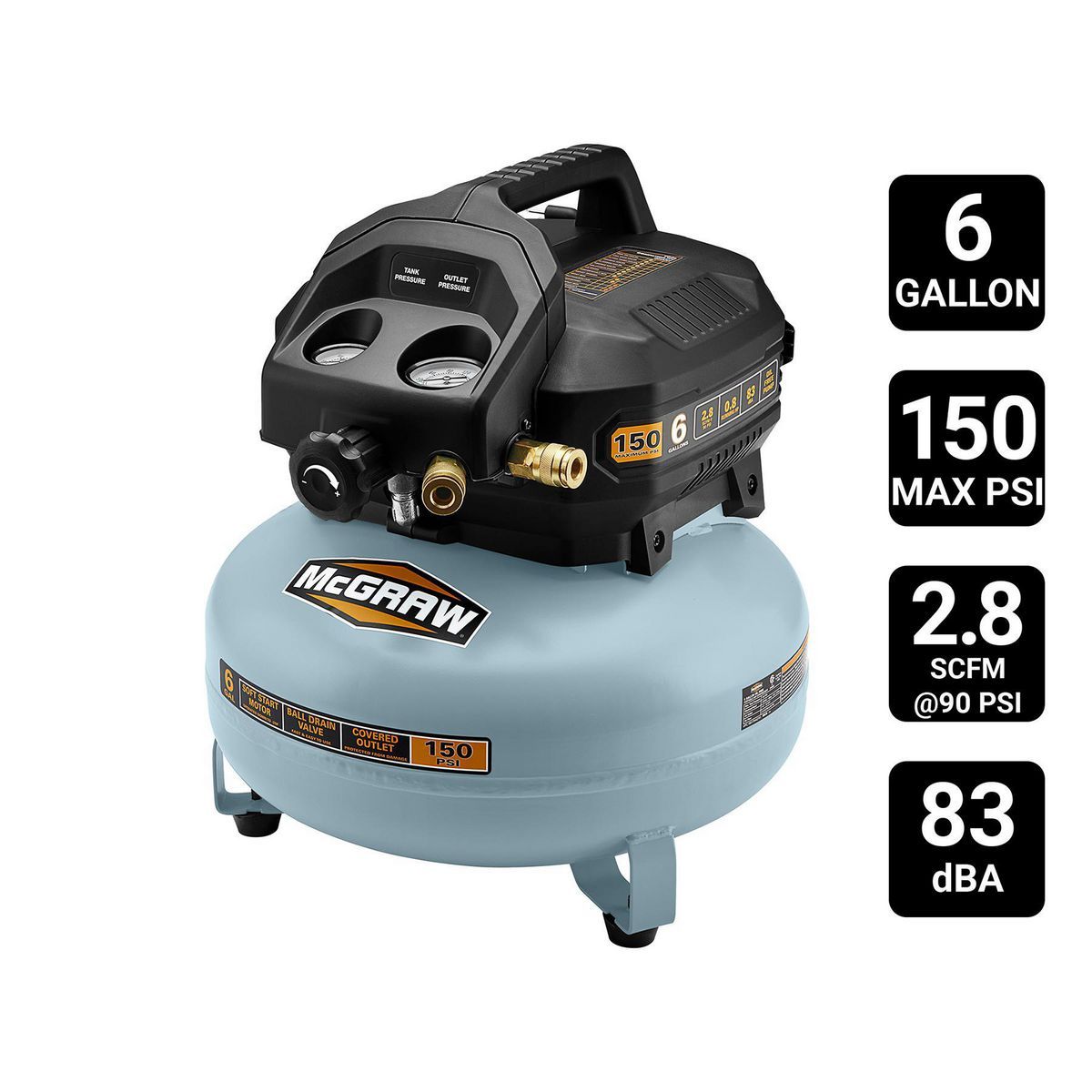 Compresor de aire tipo panqueque Mcgraw de 6 galones, 0.8 HP, 150 PSI sin aceite - 58636
