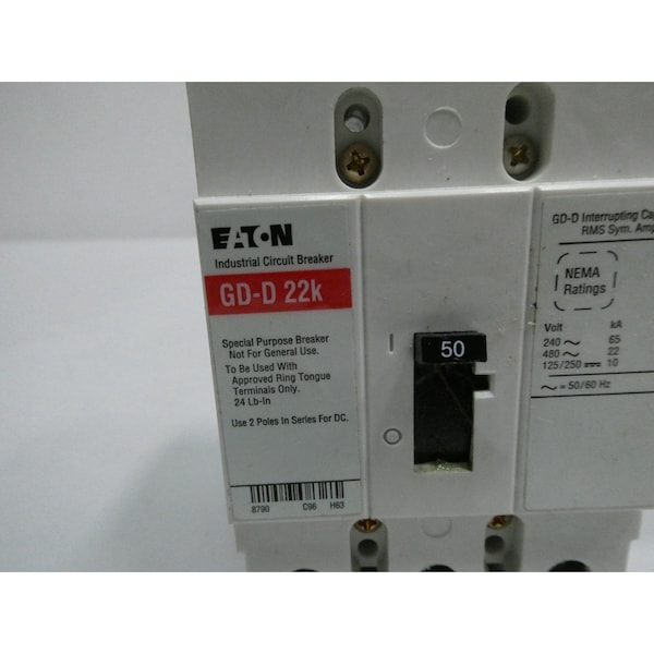 Eaton 3P 50A AMP 240/480V-AC 125/250V-DC MOLDED CASE CIRCUIT BREAKER - GD-D 22K GD3050DVB3