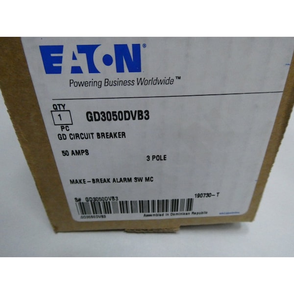 Eaton 3P 50A AMP 240/480V-AC 125/250V-DC MOLDED CASE CIRCUIT BREAKER - GD-D 22K GD3050DVB3