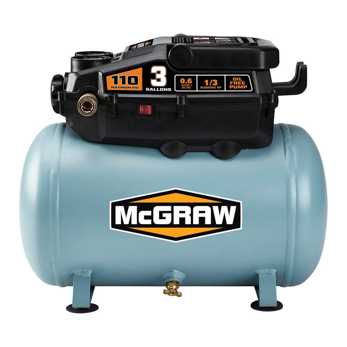 Compresor de aire tipo Hot Dog Mcgraw de 3 galones, 1/3 HP, 110 PSI sin aceite - 57572