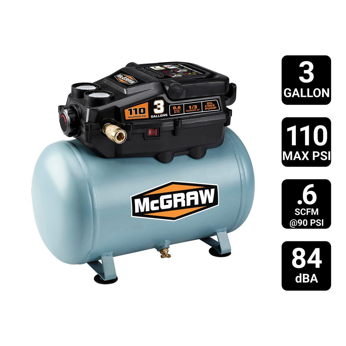 Compresor de aire tipo Hot Dog Mcgraw de 3 galones, 1/3 HP, 110 PSI sin aceite - 57572