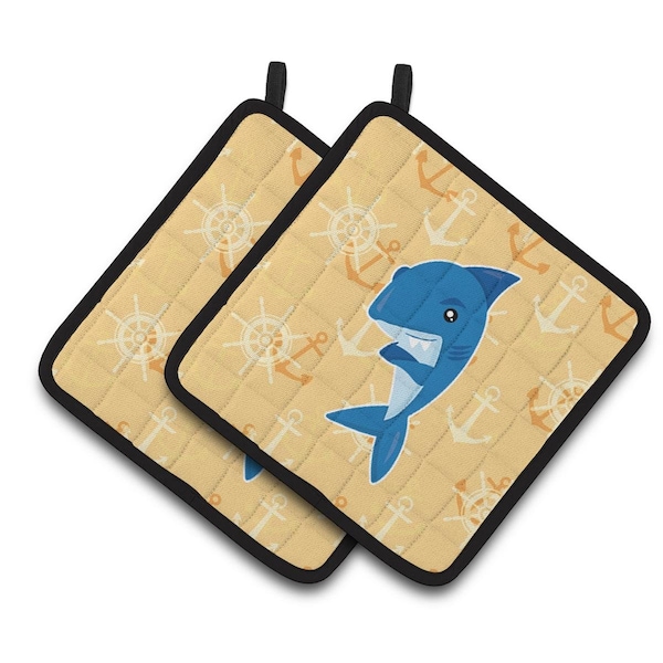 Carolines Treasures Shark on Beige Nautical Pair of Pot Holders - BB6946PTHD