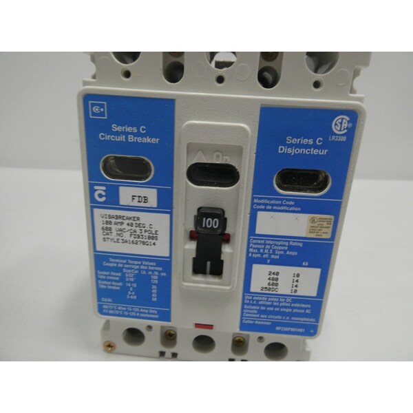 Eaton Cutler-Hammer Molded Case Circuit Breaker, FD Series, 100A, 3 Pole, 600V AC, 18kA at 240V AC - FDB3100S
