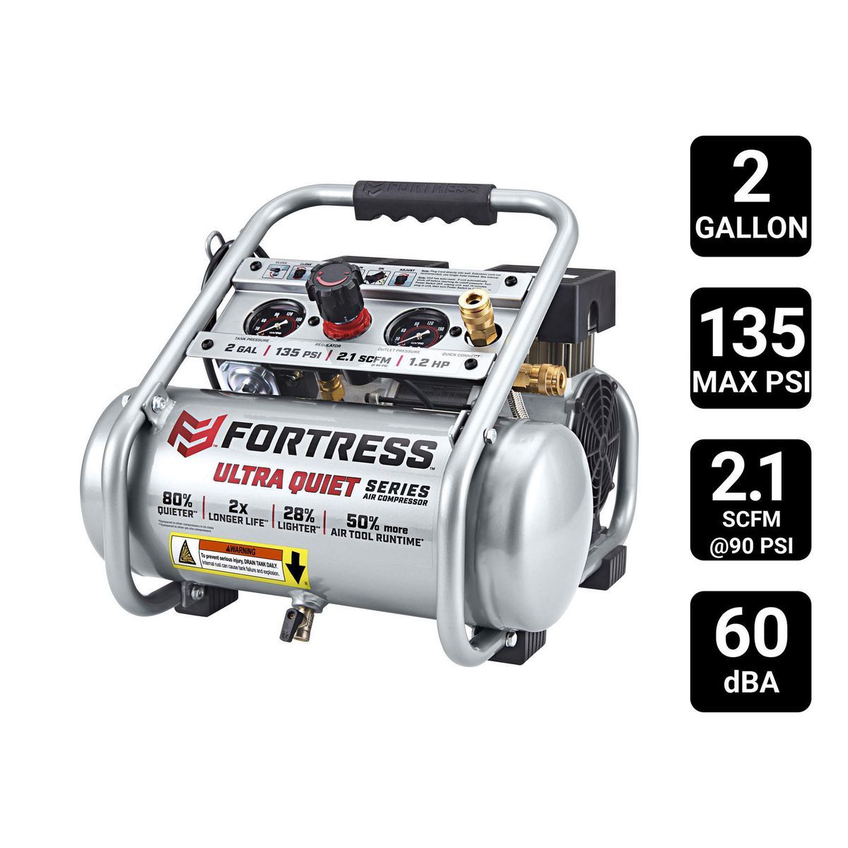 Fortaleza 2 Galones 135 PSI, Compresor de Aire para Sitios de Trabajo de Mano Ultra Silencioso - 64596