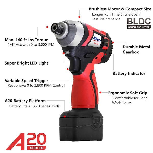 Acdelco A20 20V Li-ion BRUSHLESS Impact Driver, 1-Battery Kit - ARI20155-M
