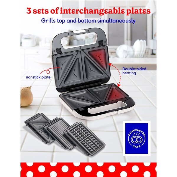Betty Crocker 3-in-1 Indoor Grill, Sandwich / Panini Press & Waffle Maker Plus, White - BC-4965W
