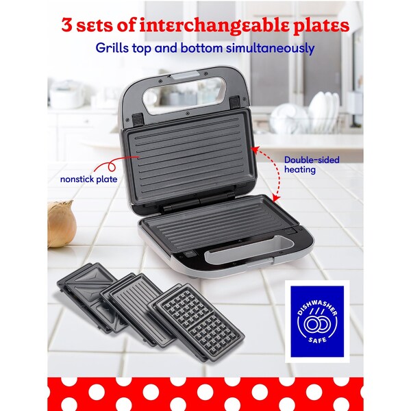 Betty Crocker 3-in-1 Indoor Grill, Sandwich / Panini Press & Waffle Maker Plus, Silver - BC-4965S