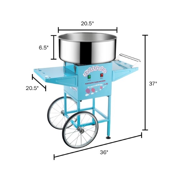 Great Northern Popcorn Cotton Candy Machine and Cart, Flufftastic Floss Maker, Stainless Steel Pan, 2 Side Trays, 13" Wheels - 788731NXA