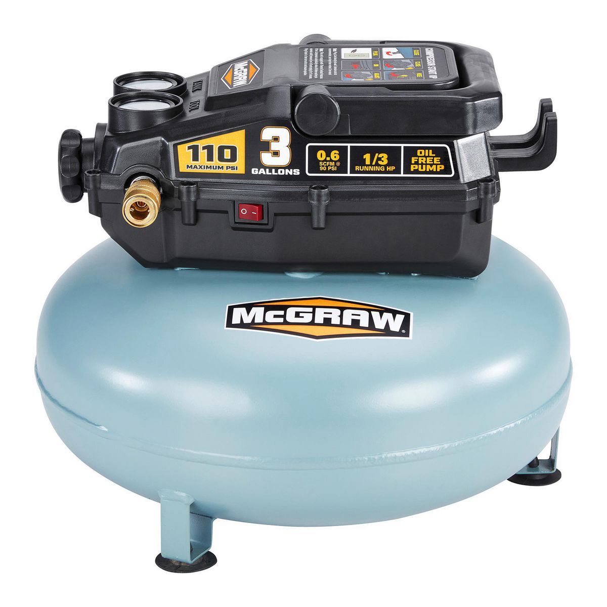 Compresor de aire tipo Panqueque sin aceite Mcgraw de 3 galones, 1/3 HP, 110 PSI - 57567