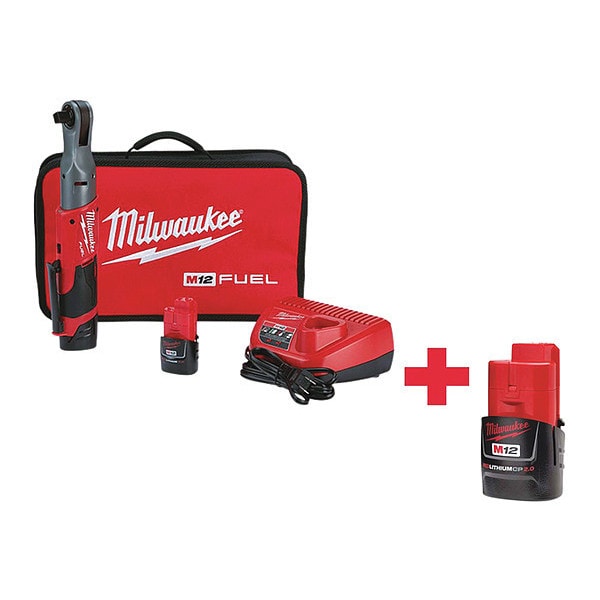 Milwaukee Tool Cordless Ratchet Tool Kit, Drive Size: 1/2 in Square, 12V DC, Includes Batteries (2.0 Ah) & Charger - 2558-22, 48-11-2420