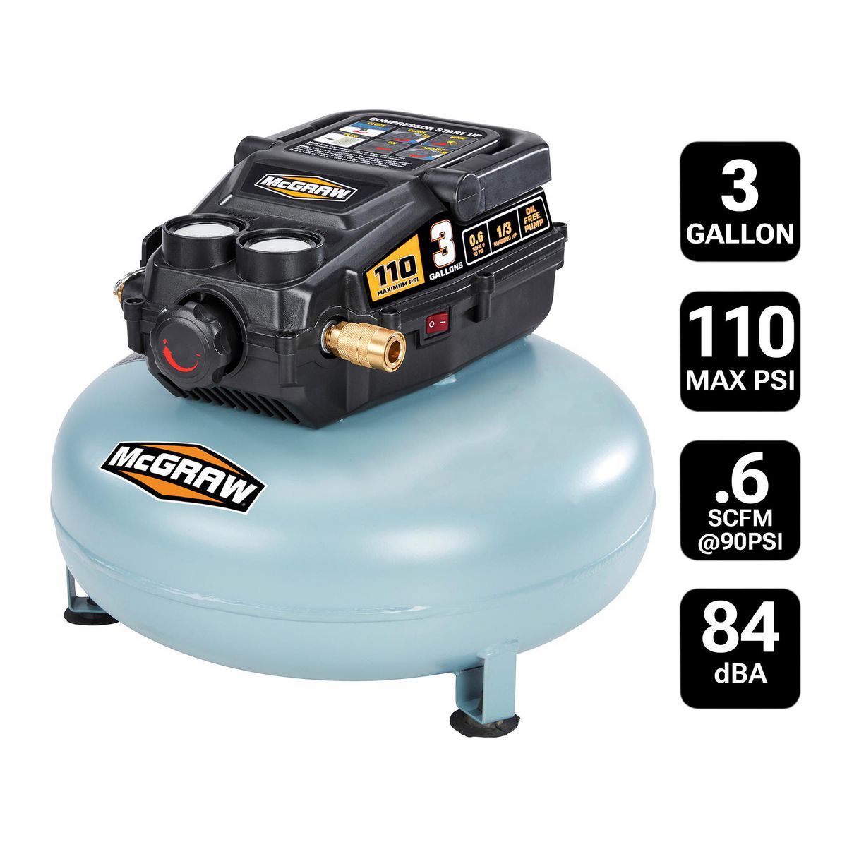 Compresor de aire tipo Panqueque sin aceite Mcgraw de 3 galones, 1/3 HP, 110 PSI - 57567