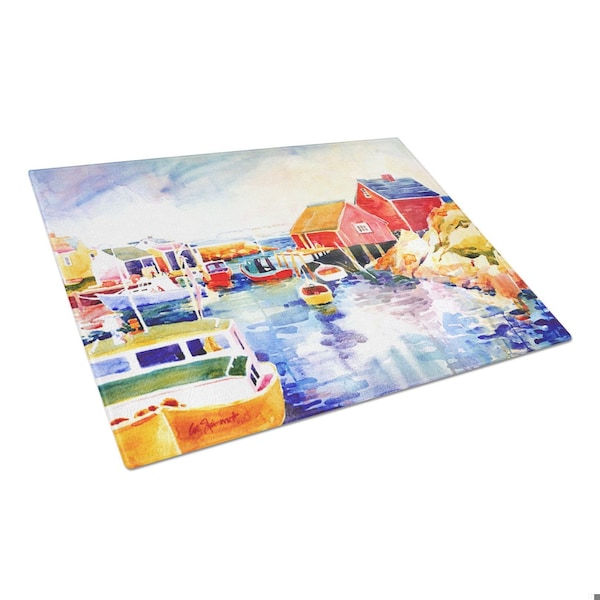 Carolines Treasures 15 x 12 in. Boats at Harbour with a view Glass Cutting Board- Large - 6059LCB