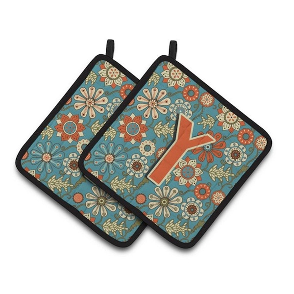 Carolines Treasures Letter Y Flowers Retro Blue Pair of Pot Holders, 7.5 x 3 x 7.5 in. - CJ2012-YPTHD