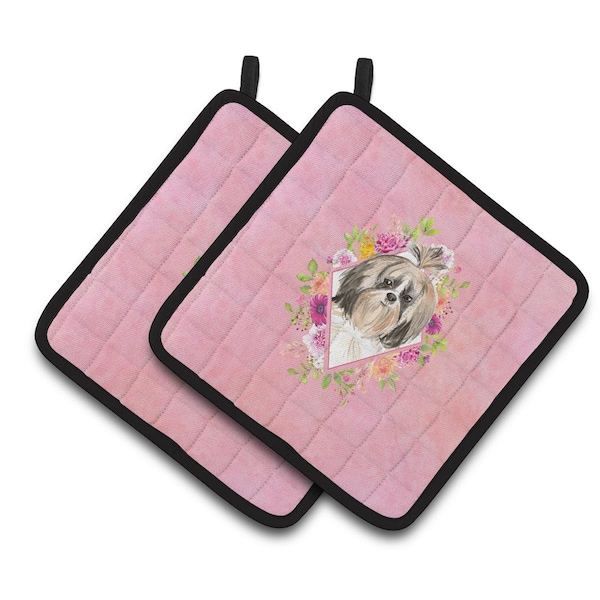 Carolines Treasures 7.5 x 7.5 in. Shih Tzu Pink Flowers Pair of Pot Holders - CK4212PTHD