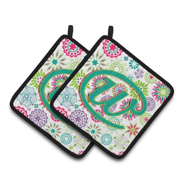Carolines Treasures Letter W Flowers Pink Teal Green Initial Pair of Pot Holders, 7.5 x 3 x 7.5 in. - CJ2011-WPTHD