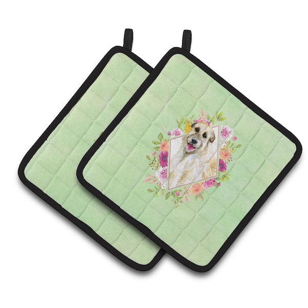 Carolines Treasures 7.5 x 7.5 in. Irish Wolfhound Green Flowers Pair of Pot Holders - CK4313PTHD