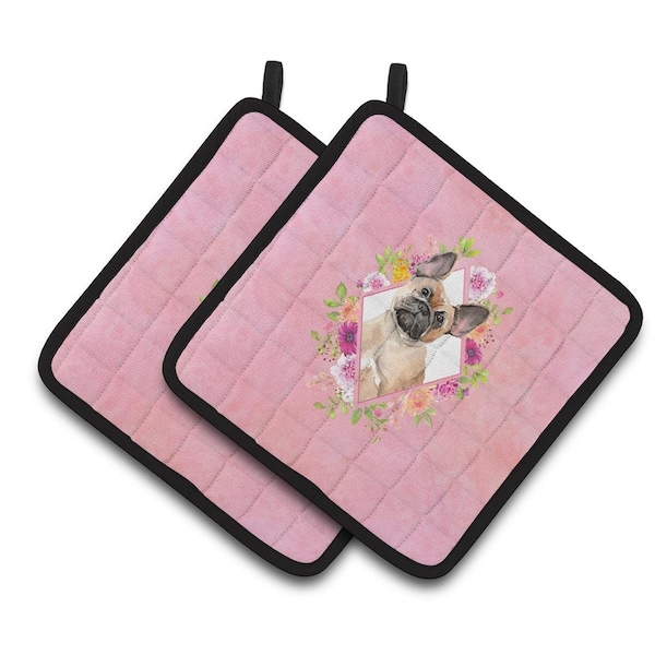 Carolines Treasures 7.5 x 7.5 in. Fawn French Bulldog Pink Flowers Pair of Pot Holders - CK4238PTHD