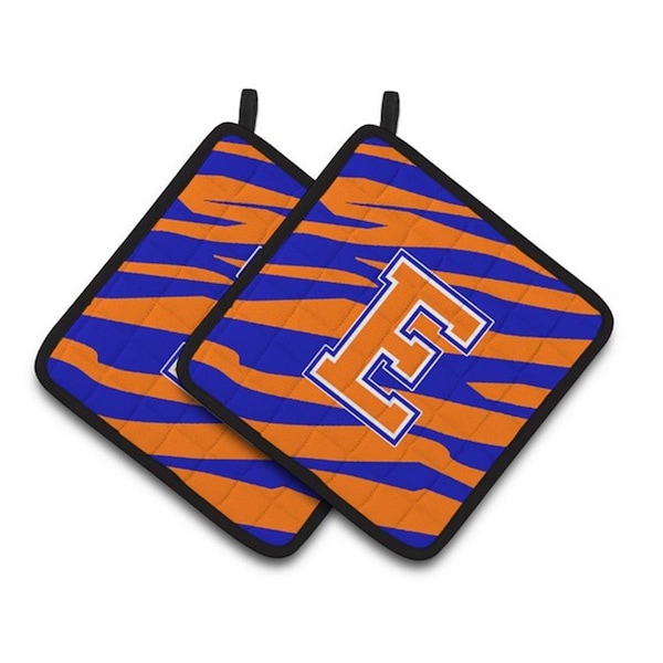 Carolines Treasures Monogram Initial E Tiger Stripe - Blue Orange Pair of Pot Holders, 7.5 x 3 x 7.5 in. - CJ1023-EPTHD