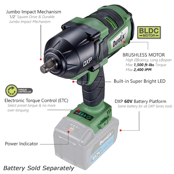 Durofix DXP 60V 1/2" BLDC Jumbo Impact Wrench 3-Stage, Tool Only - RI60164T