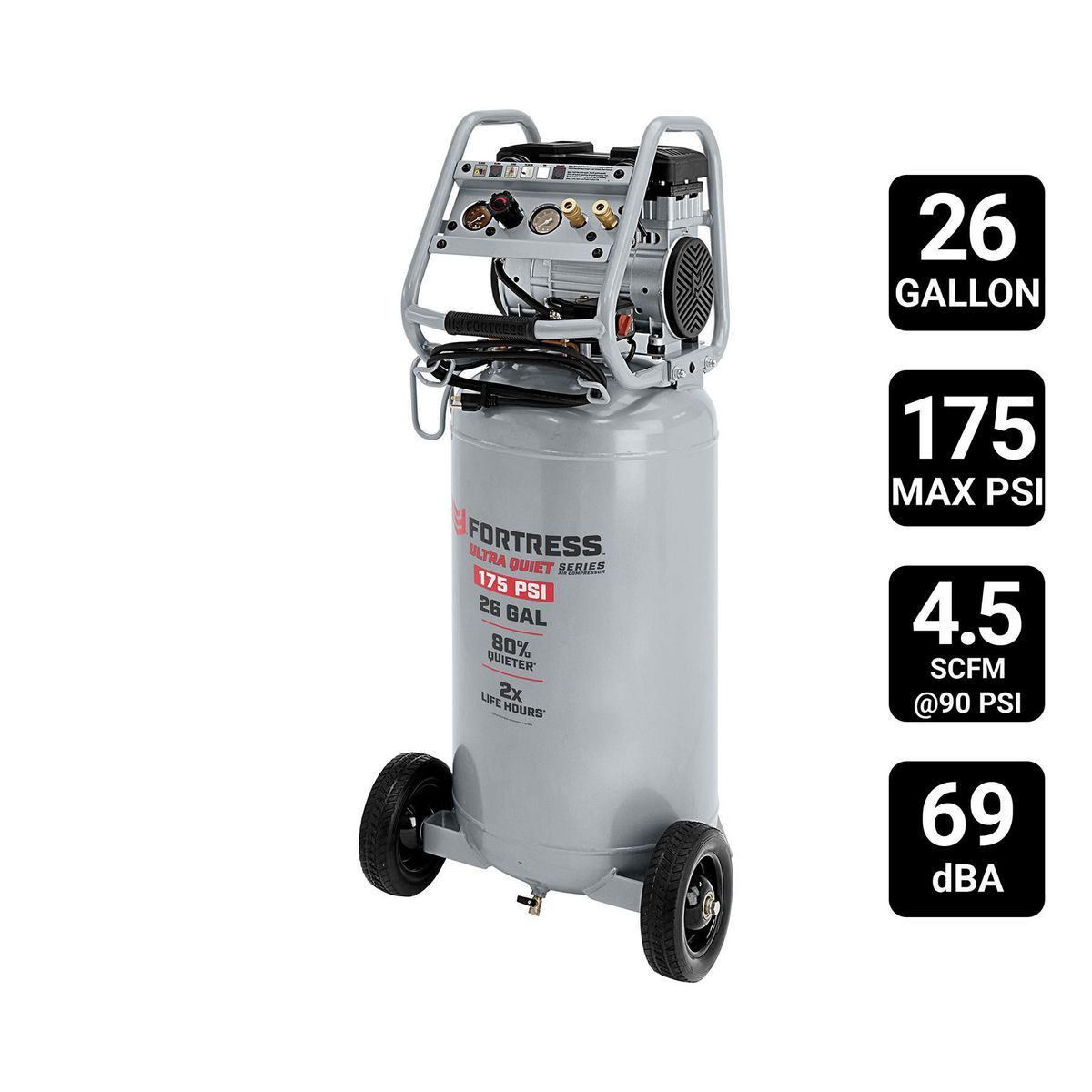 Fortaleza de 26 Galones 175 PSI Compresor de Aire Vertical Ultra Silencioso para Tienda/Auto - 57336