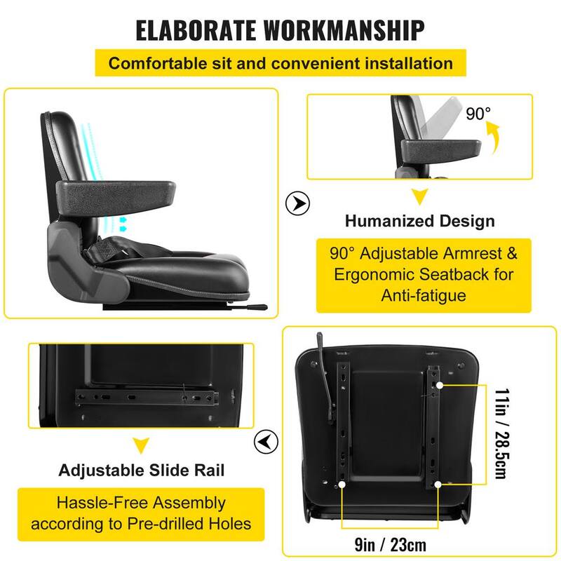 VEVOR Universal Forklift Seat PVC Tractor Seat 6 in. Adjustable Mower Seat Foldable Seat Including Seat Switch, Black - CCZYHSCCZYYS2Y9IRV0