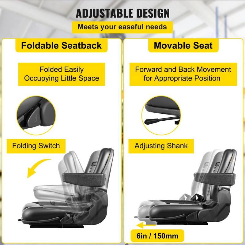 VEVOR Universal Forklift Seat PVC Tractor Seat 6 in. Adjustable Mower Seat Foldable Seat Including Seat Switch, Black - CCZYHSCCZYYS2Y9IRV0