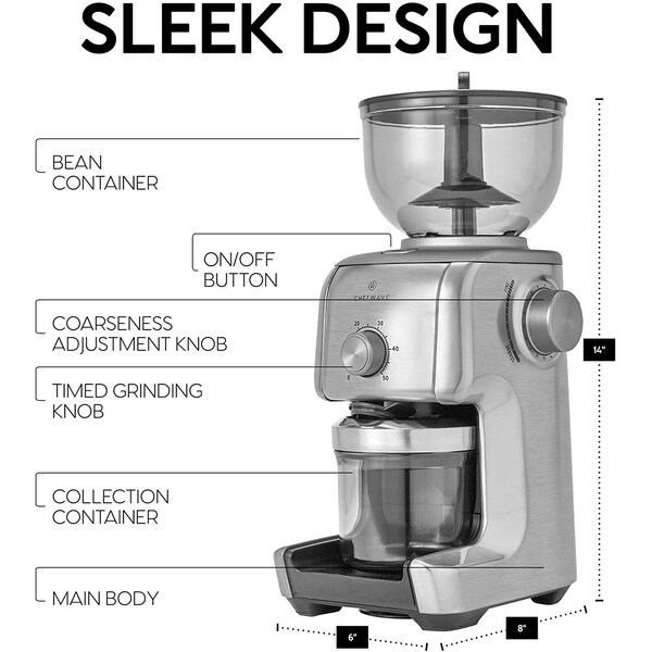 Chefwave Bonne Conical Burr Coffee Grinder w 16 Grind Settings, Stainless Steel - CW-CG01SS