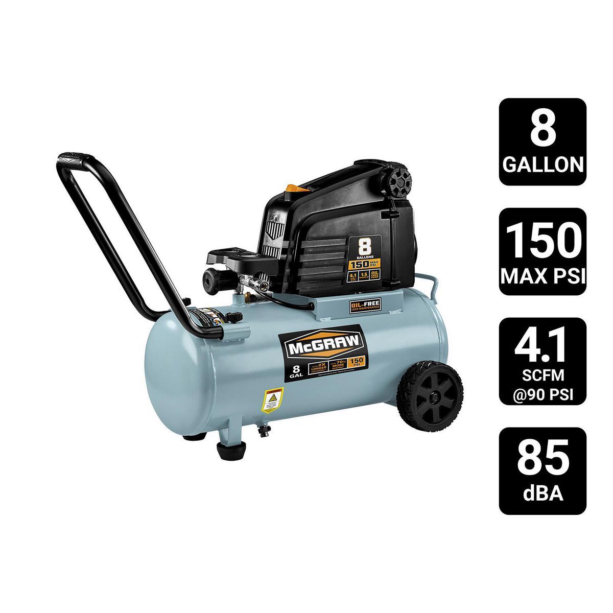 Compresor de aire portátil sin aceite Mcgraw de 8 galones, 1.5 HP, 150 PSI - 64294