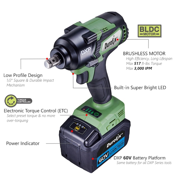 Durofix DXP 60V 1/2" BLDC Impact Wrench, 3-Stage, 517 ft-lbs, Kit - RI60166A1-PM