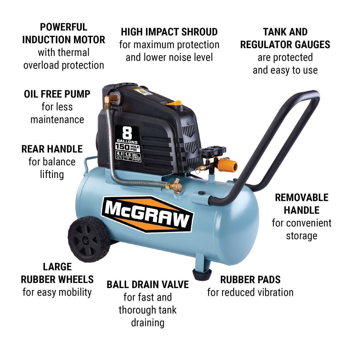 Compresor de aire portátil sin aceite Mcgraw de 8 galones, 1.5 HP, 150 PSI - 64294