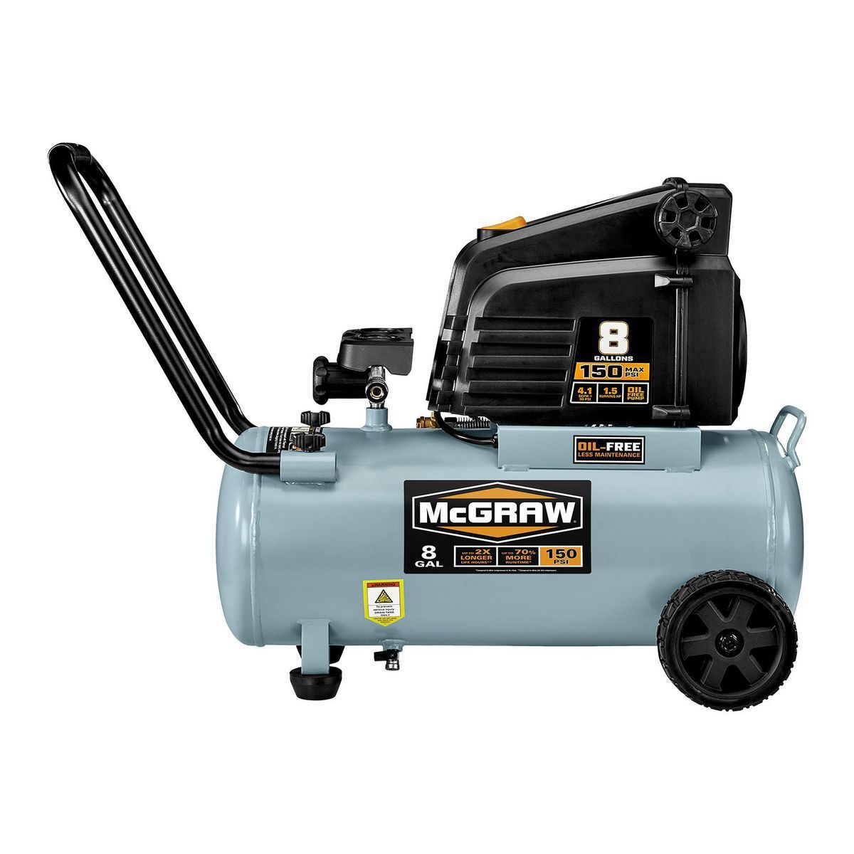 Compresor de aire portátil sin aceite Mcgraw de 8 galones, 1.5 HP, 150 PSI - 64294