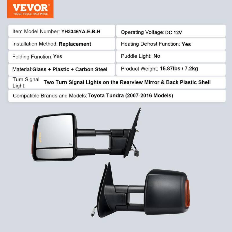 VEVOR Towing Mirrors Pair for 2007-2016 Toyota Tundra Power Heated Manual Controlling Telescoping Heating Defrost - QYJHZKFTTT206JD5WV9