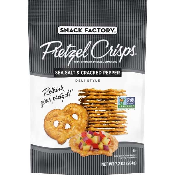 Fábrica de Botanas Pretzel Crisps Sal Marina y Pimienta Agrietada 7.2 oz., Paquete de 12 - 104468