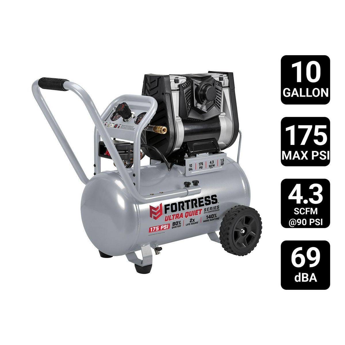 Fortaleza de 10 galones, compresor de aire horizontal ultra silencioso para taller/automotriz con 175 PSI - 57328