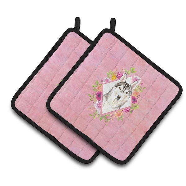 Carolines Treasures 7.5 x 7.5 in. Siberian Husky Pink Flowers Pair of Pot Holders - CK4210PTHD
