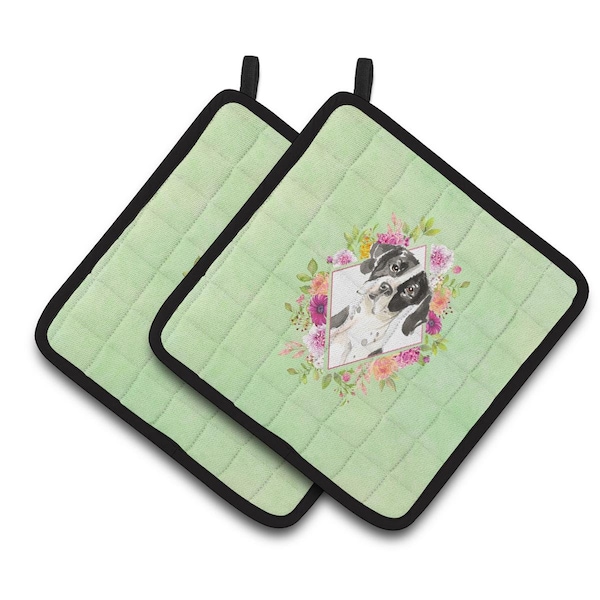 Carolines Treasures 7.5 x 7.5 in. English Pointer Green Flowers Pair of Pot Holders - CK4399PTHD