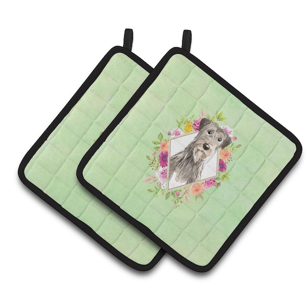Carolines Treasures 7.5 x 7.5 in. Irish Wolfhound Green Flowers Pair of Pot Holders - CK4391PTHD