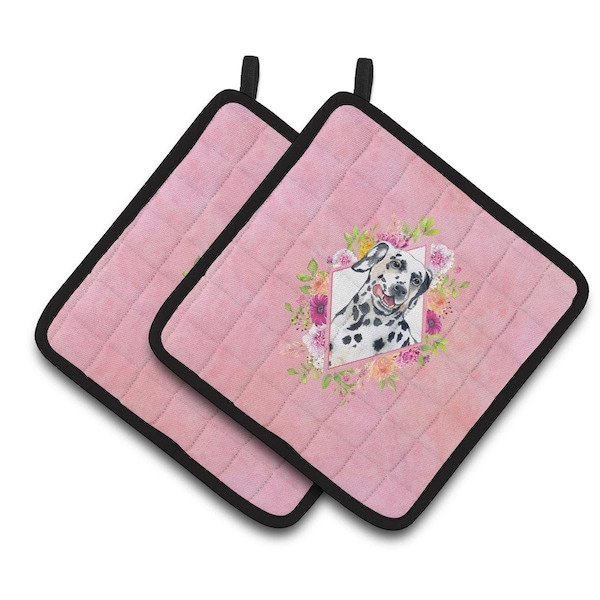 Carolines Treasures 7.5 x 7.5 in. Dalmatian Pink Flowers Pair of Pot Holders - CK4137PTHD
