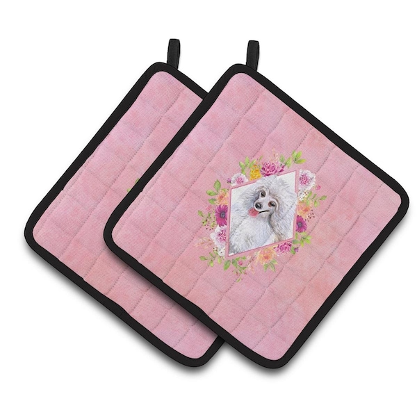 Carolines Treasures 7.5 x 7.5 in. White Mini Poodle Pink Flowers Pair of Pot Holders - CK4172PTHD